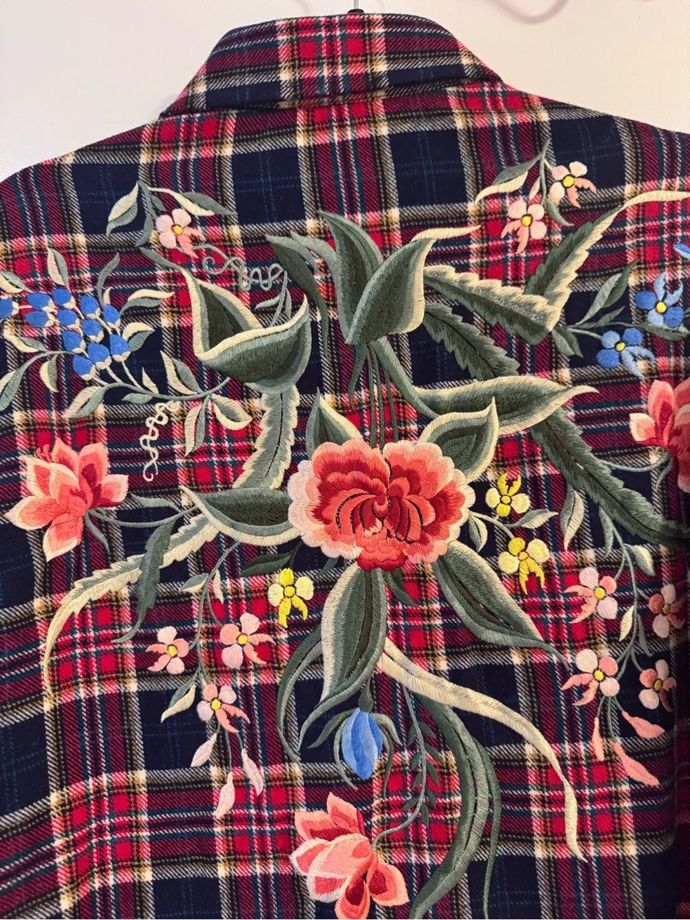 Gucci Red & Navy Plaid Embroidered Button-Down Shirt